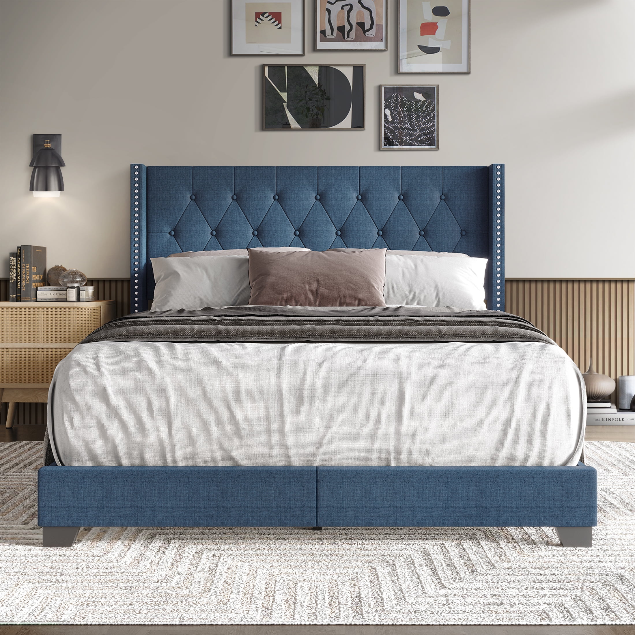Castle Place Nailhead Trim Wingback Linen Upholstered Bed, Blue, Twin