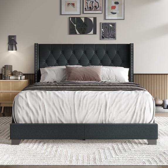 Castle Place Nailhead Trim Wingback Linen Upholstered Bed, Charcoal Grey, Full