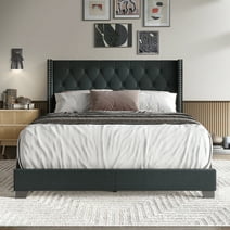 Castle Place Nailhead Trim Wingback Linen Upholstered Bed, Charcoal Grey, Queen