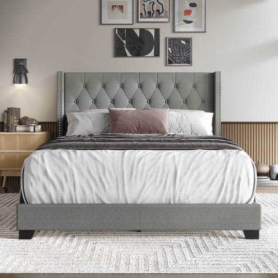Castle Place Nailhead Trim Wingback Linen Upholstered Bed, Light Grey, Twin