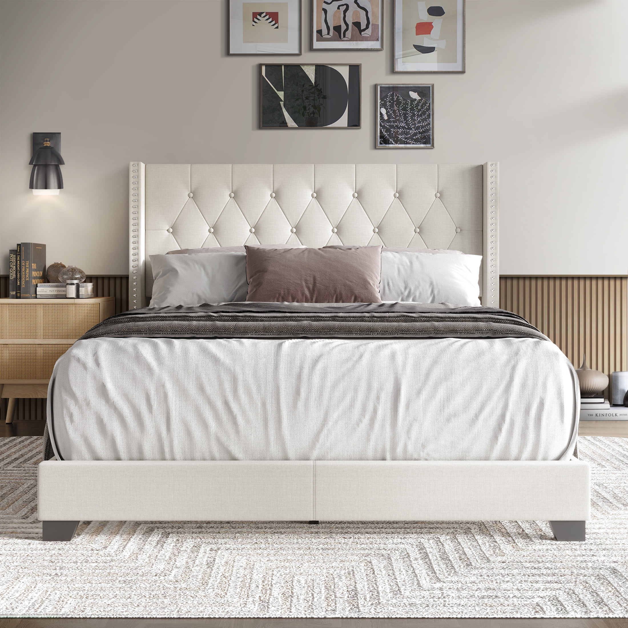 Castle Place Nailhead Trim Wingback Linen Upholstered Bed, Warm Grey