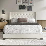 Castle Place Nailhead Trim Wingback Linen Upholstered Bed, Warm Grey, Queen
