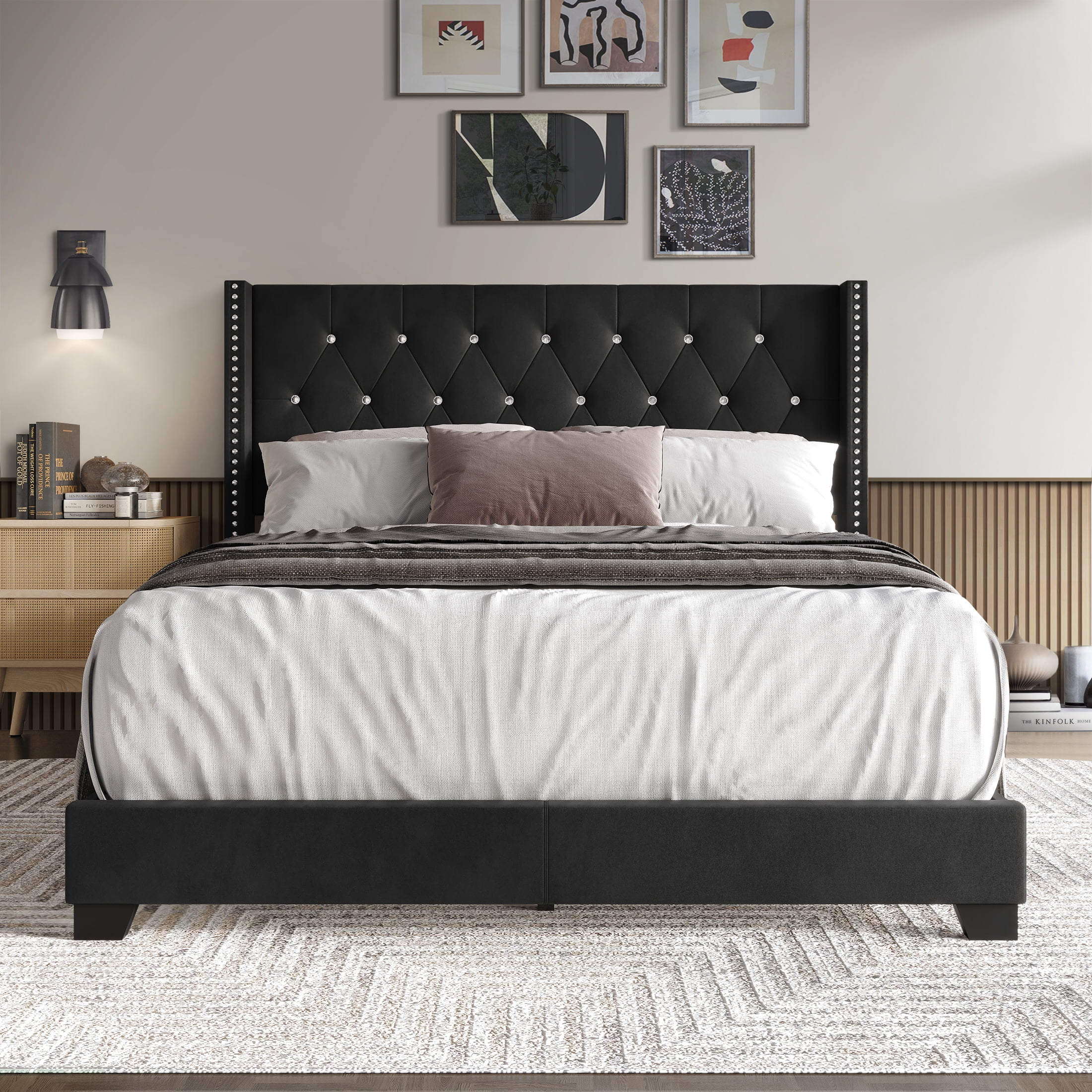 Castle Place Nailhead Trim Wingback Upholstered Bed, Black Velvet, King