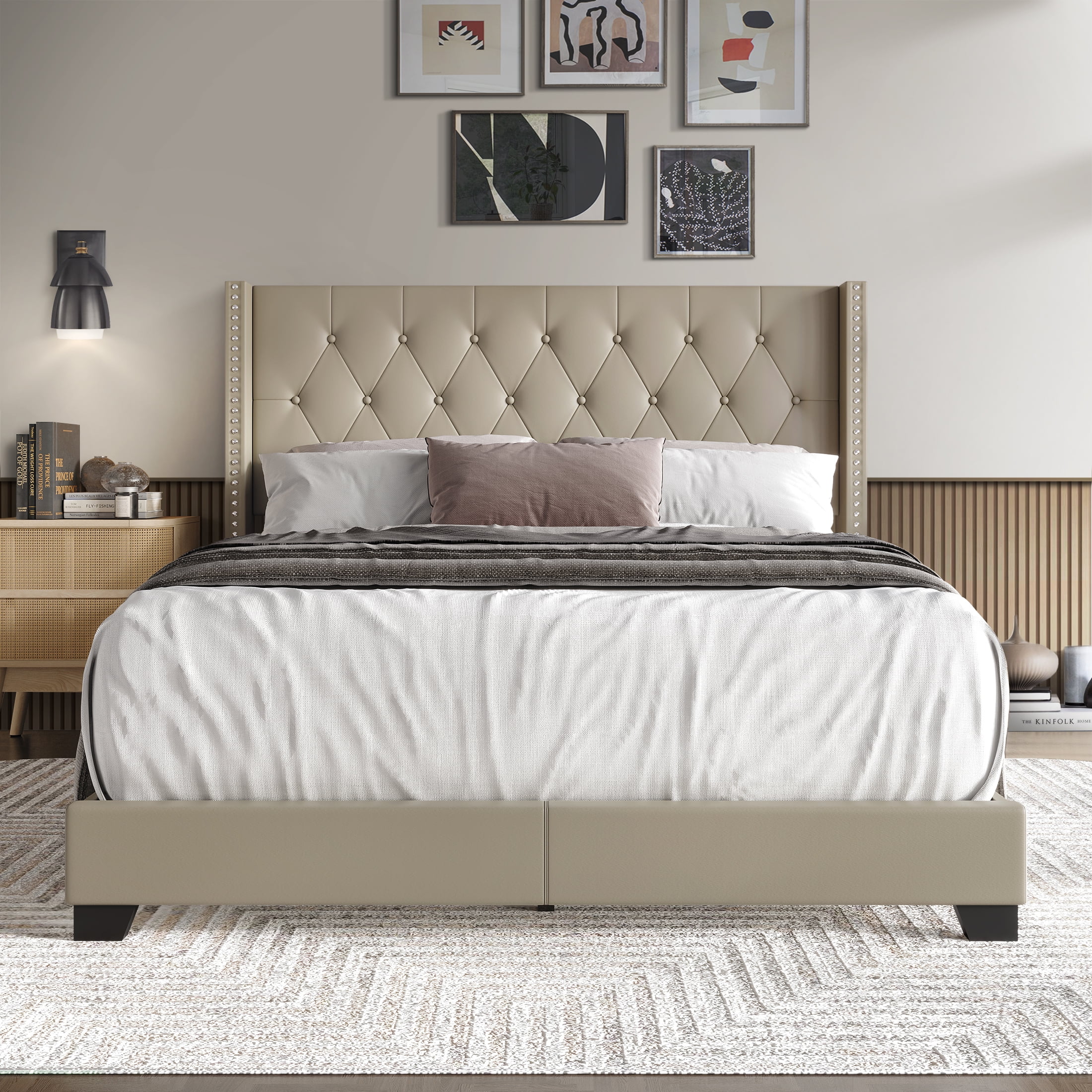 Castle Place Nailhead Trim Wingback Upholstered Bed, Gold Faux Leather, Queen