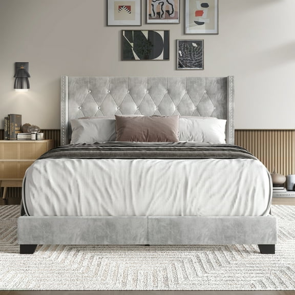 Castle Place Nailhead Trim Wingback Upholstered Bed, Silver Grey Velvet, Twin