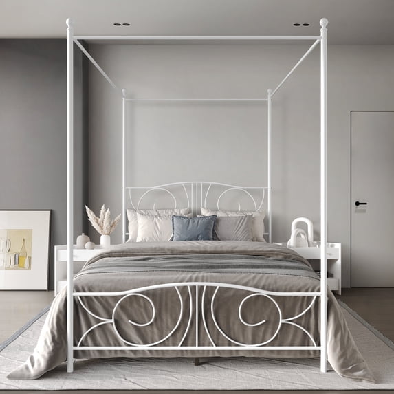 Castle Place Ornate Ironwork Full Metal Platform Canopy Bed, White