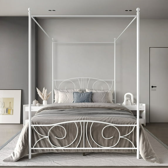 Castle Place Ornate Ironwork King Metal Platform Canopy Bed, White