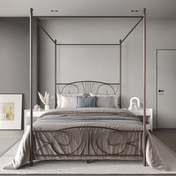 Castle Place Ornate Ironwork Queen Metal Platform Canopy Bed, Brown