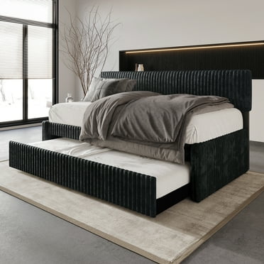 Castle Place Plush Corduroy Velvet Upholstered Twin Daybed with Trundle, Dark Grey