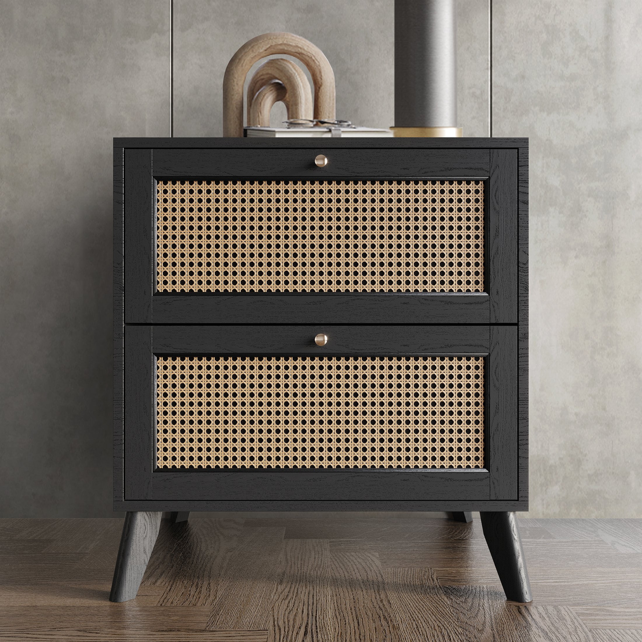 Castle Place Rattan 2 Drawers Wooden Nightstand, Black