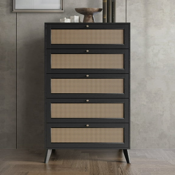 Castle Place Rattan 5 Drawers Wooden Dresser, Black
