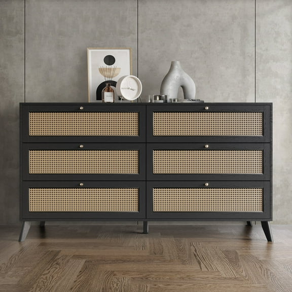 Castle Place Adult 6-Drawer Wooden Dresser with Rattan Accents, Black
