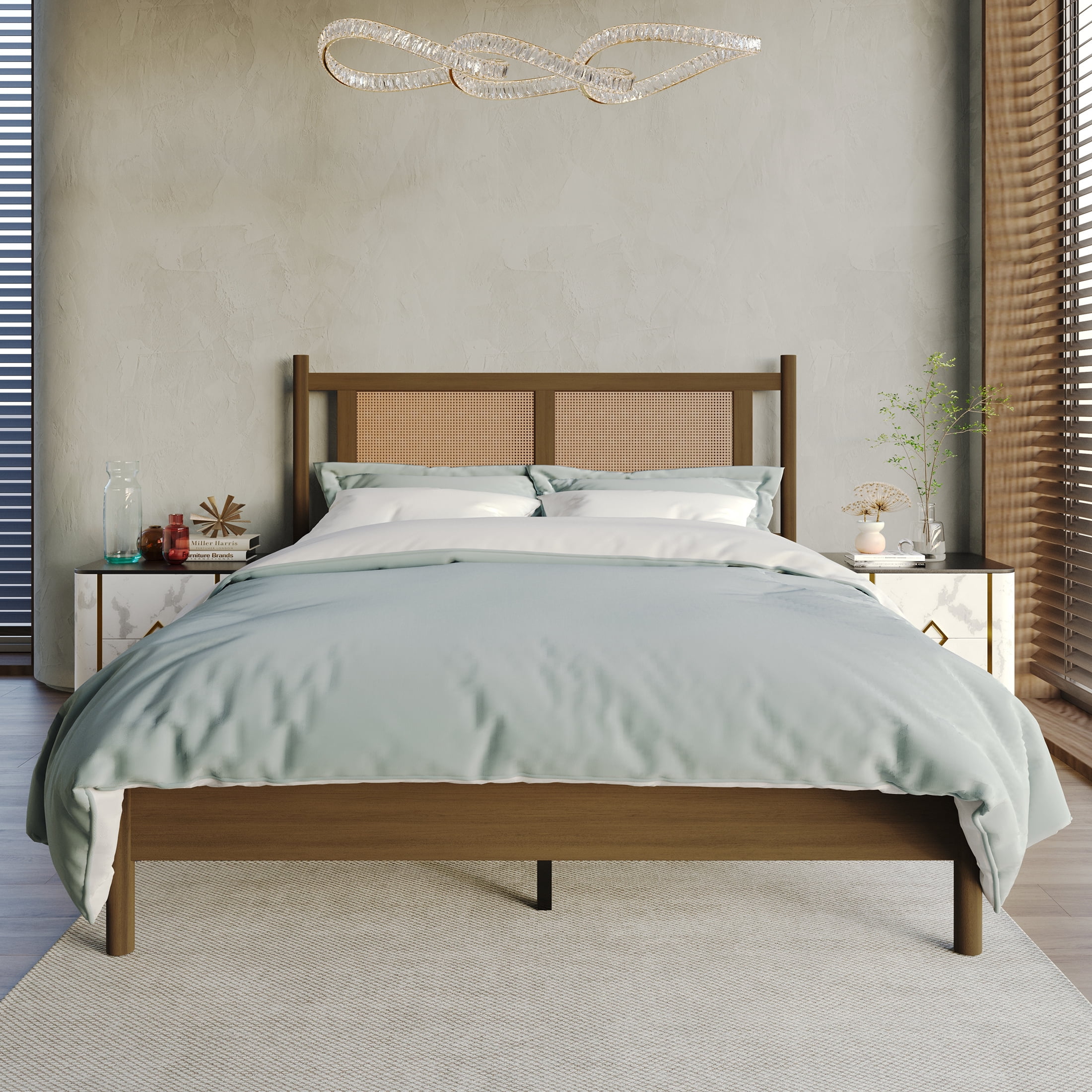 Walnut Full Wooden Platform Bed with Cane Headboard and Drawer