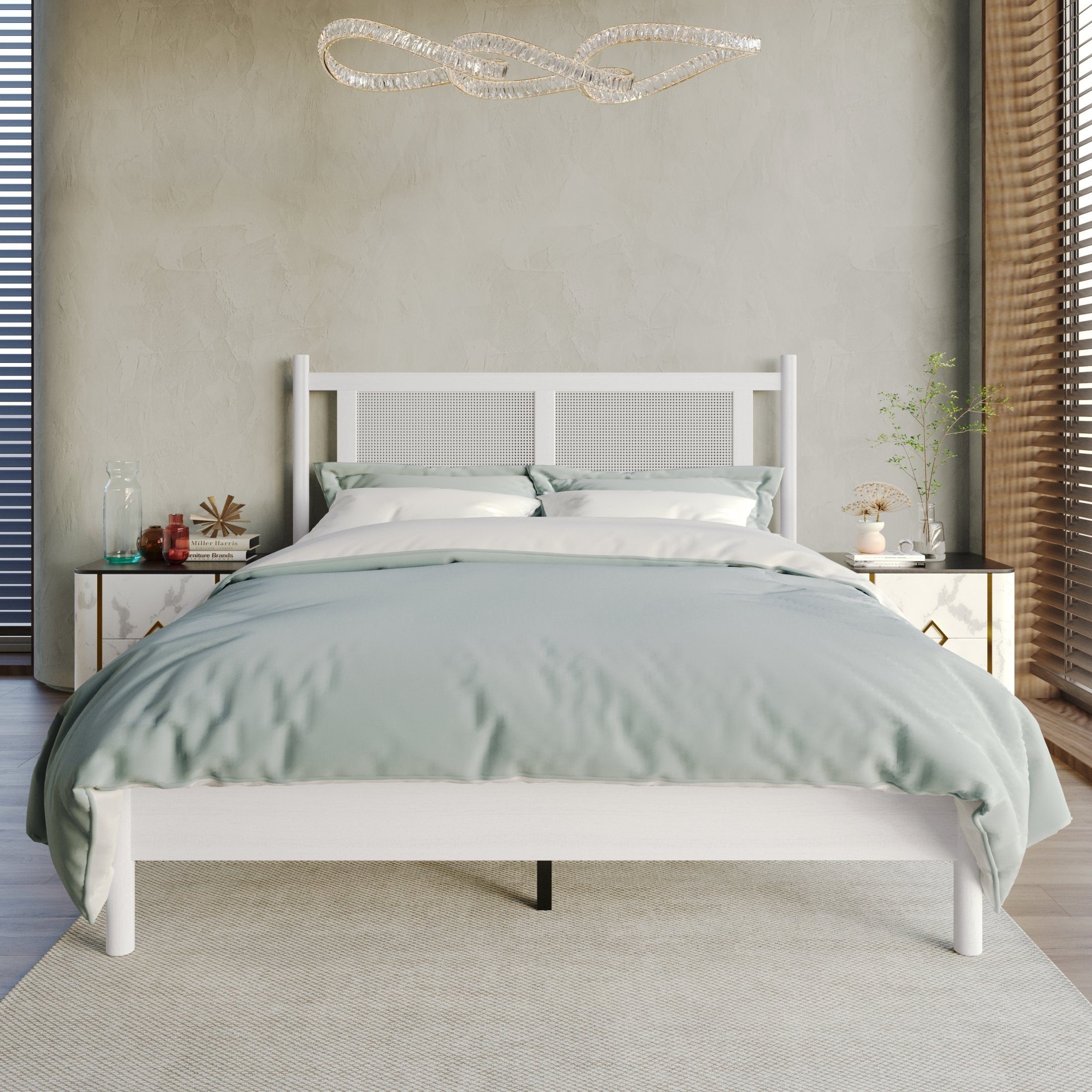 Castle Place Rattan Full Wooden Platform Bed, White