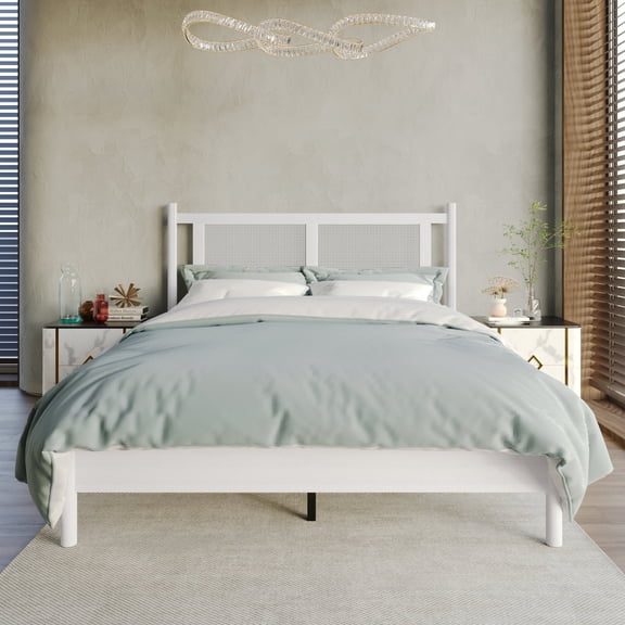 Castle Place Rattan Full Wooden Platform Bed, White