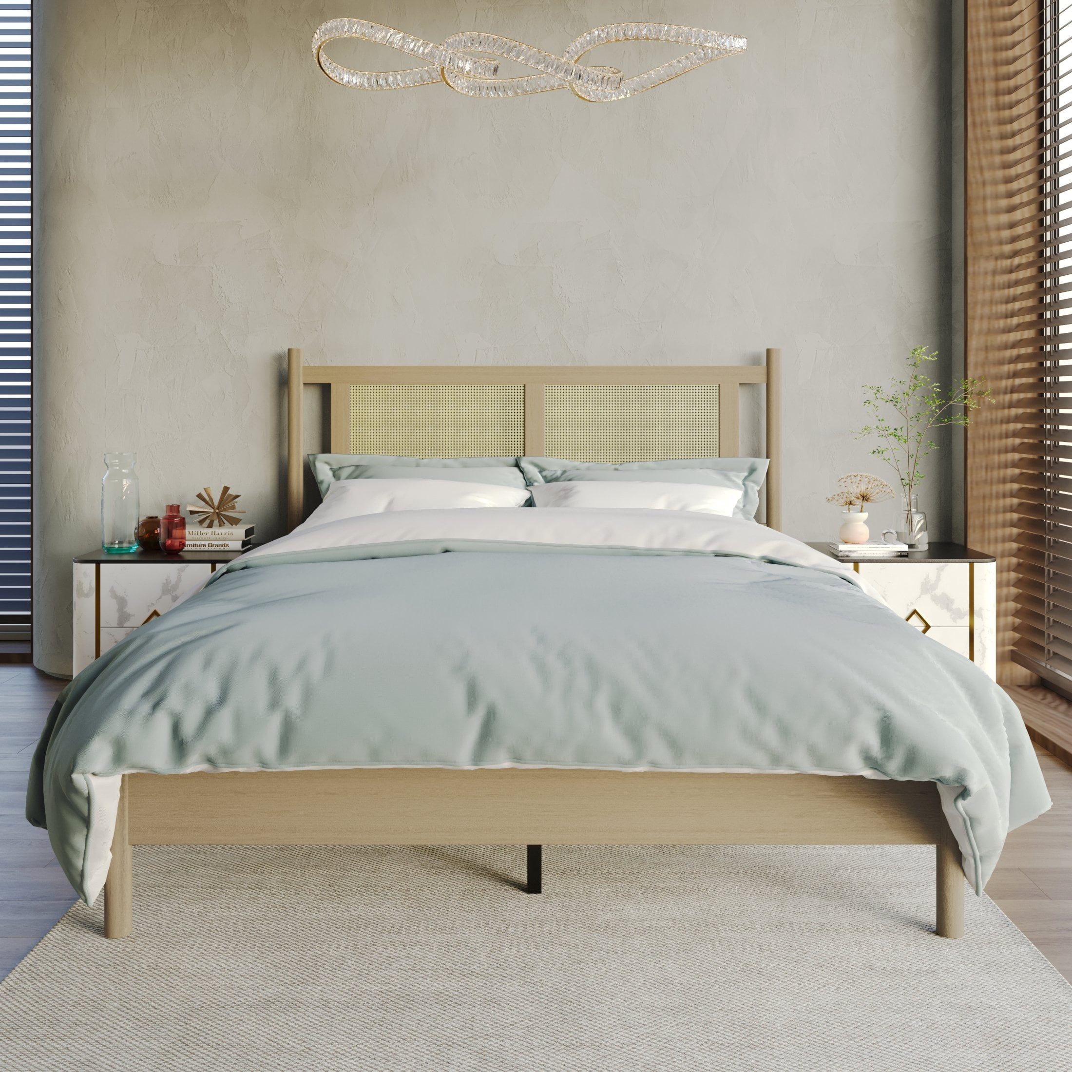 Castle Place Rattan King Wooden Platform Bed, Antique Oak