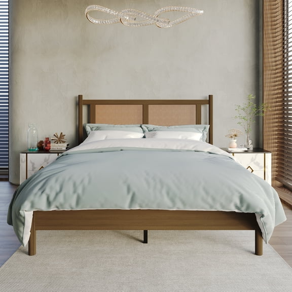 Castle Place Rattan King Wooden Platform Bed, Walnut