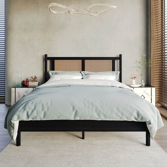 Castle Place Rattan Queen Wooden Platform Bed, Black