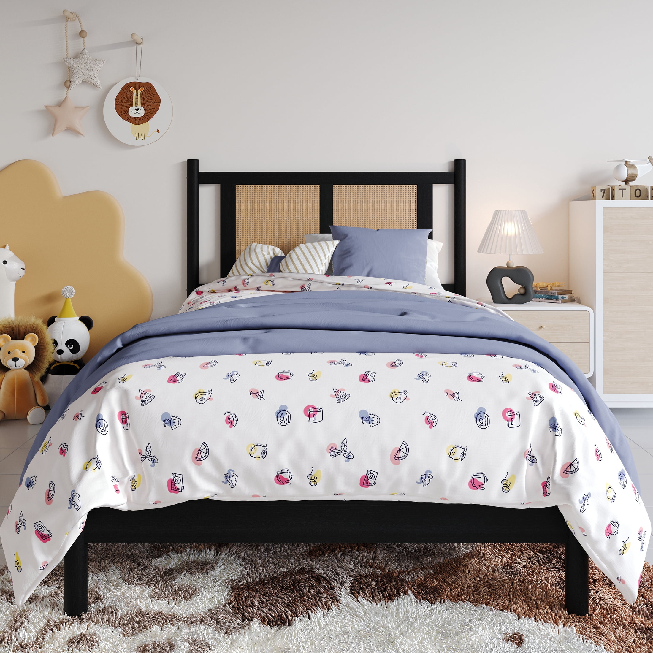 Castle Place Rattan Twin Wooden Platform Bed, Black
