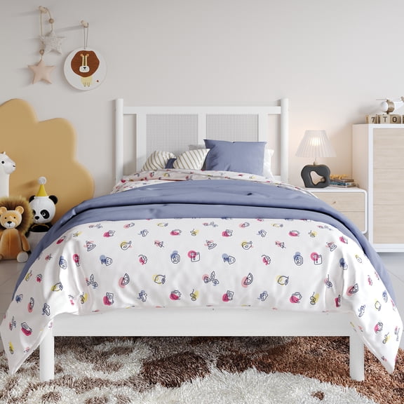 Castle Place Rattan Twin Wooden Platform Bed, White