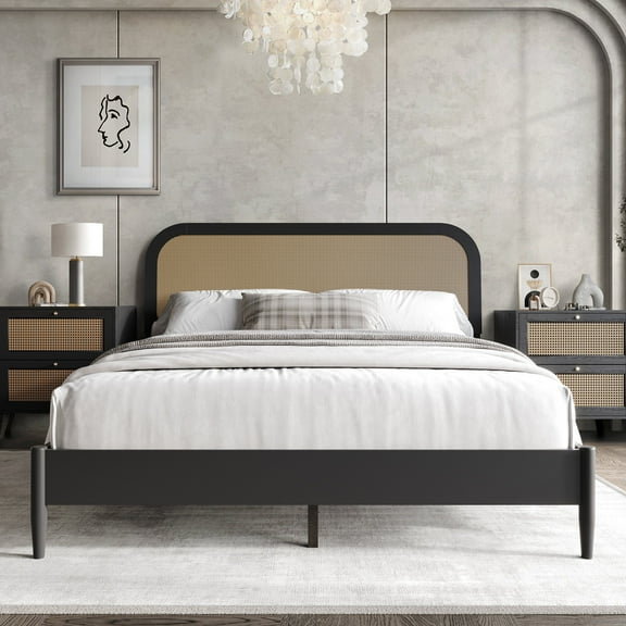 Castle Place Rattan Wooden King Platform Bed, Black