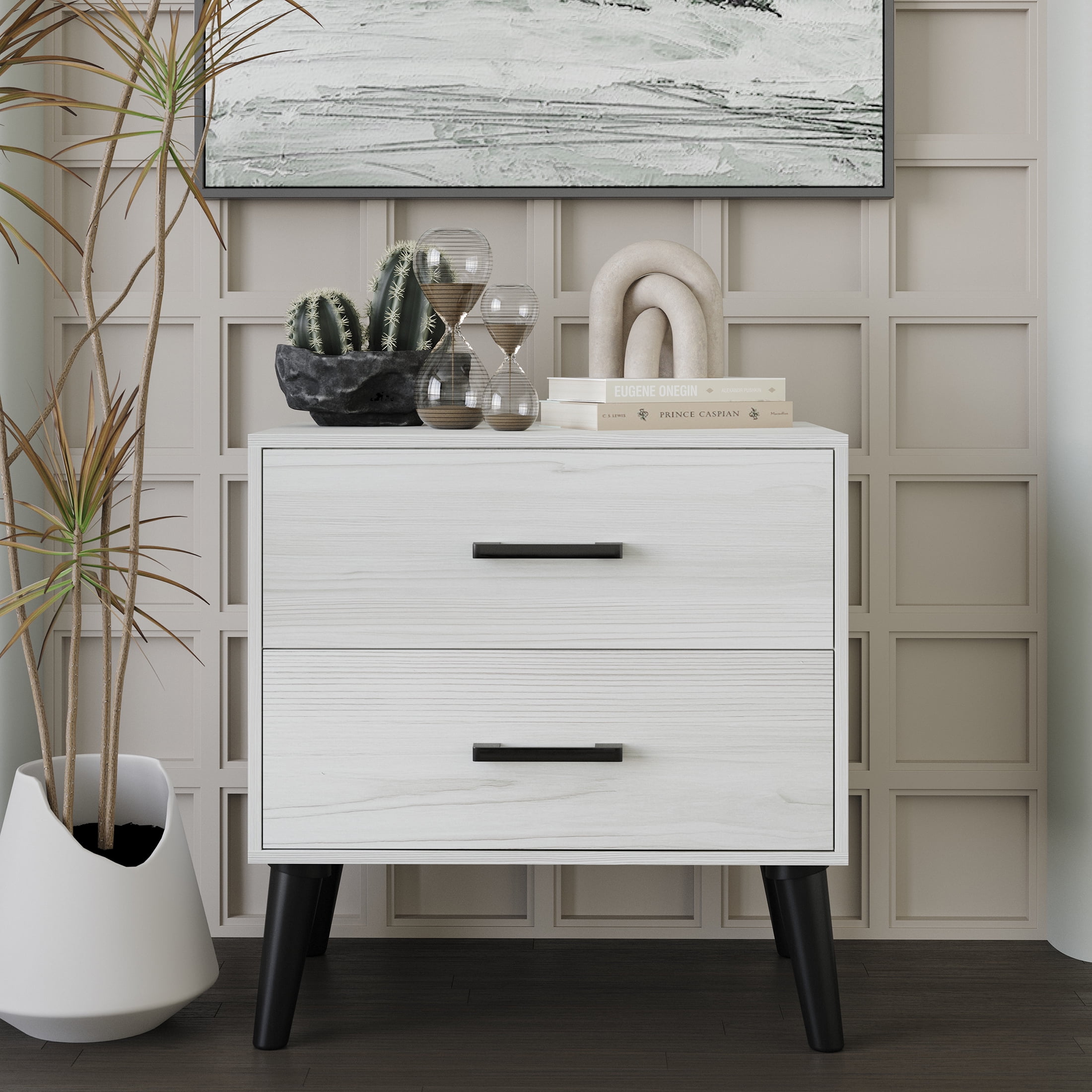 Castle Place Rustic 2 Drawers Wooden Nightstand, Light Grey