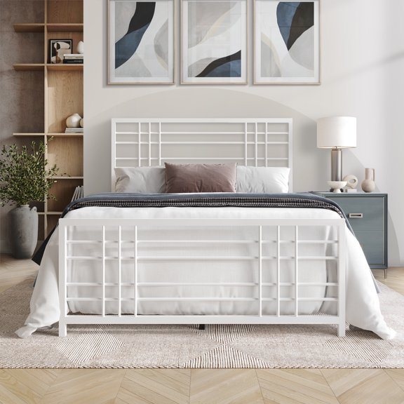 Castle Place Simple Classic Full Size Metal Panel Bed, White