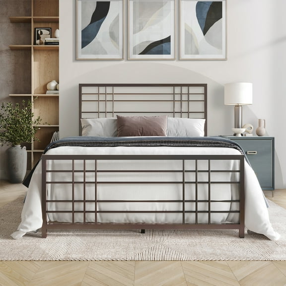 Castle Place Simple Classic Twin Size Metal Panel Bed, Brown