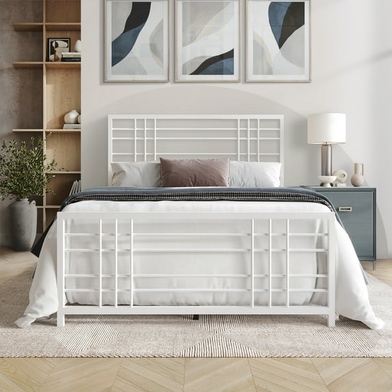 Castle Place Simple Classic Twin Size Metal Panel Bed, White