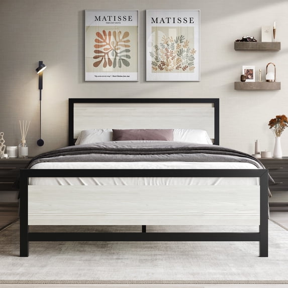 Castle Place Metal Platform Bed, King Size, Simple Design, Light Grey