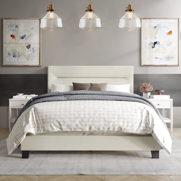 Castle Place Simple Linen Upholstered Twin Bed, Beige