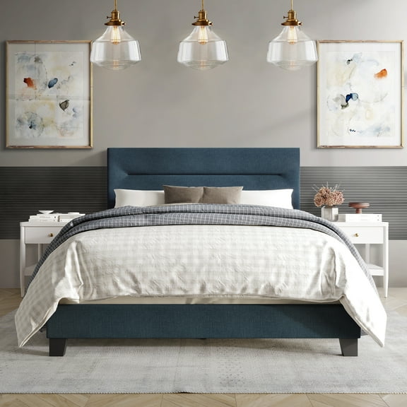 Castle Place Simple Linen Upholstered Twin Bed, Blue