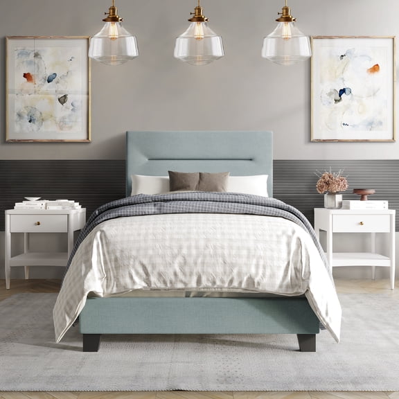 Castle Place Simple Linen Upholstered Twin Bed, Light Blue