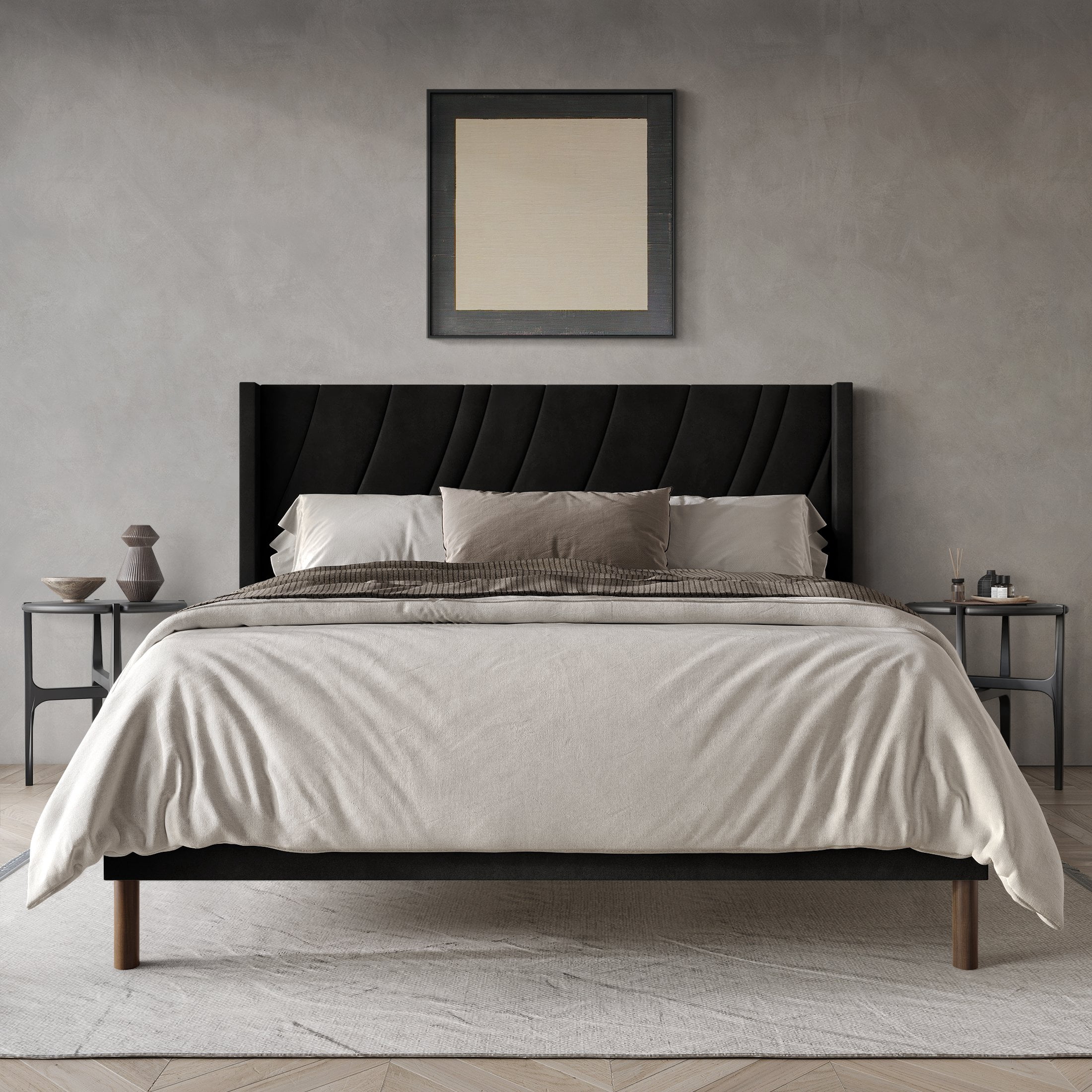 Castle Place Sleek Contemporary Velvet Upholstered Full Platform Bed, Black