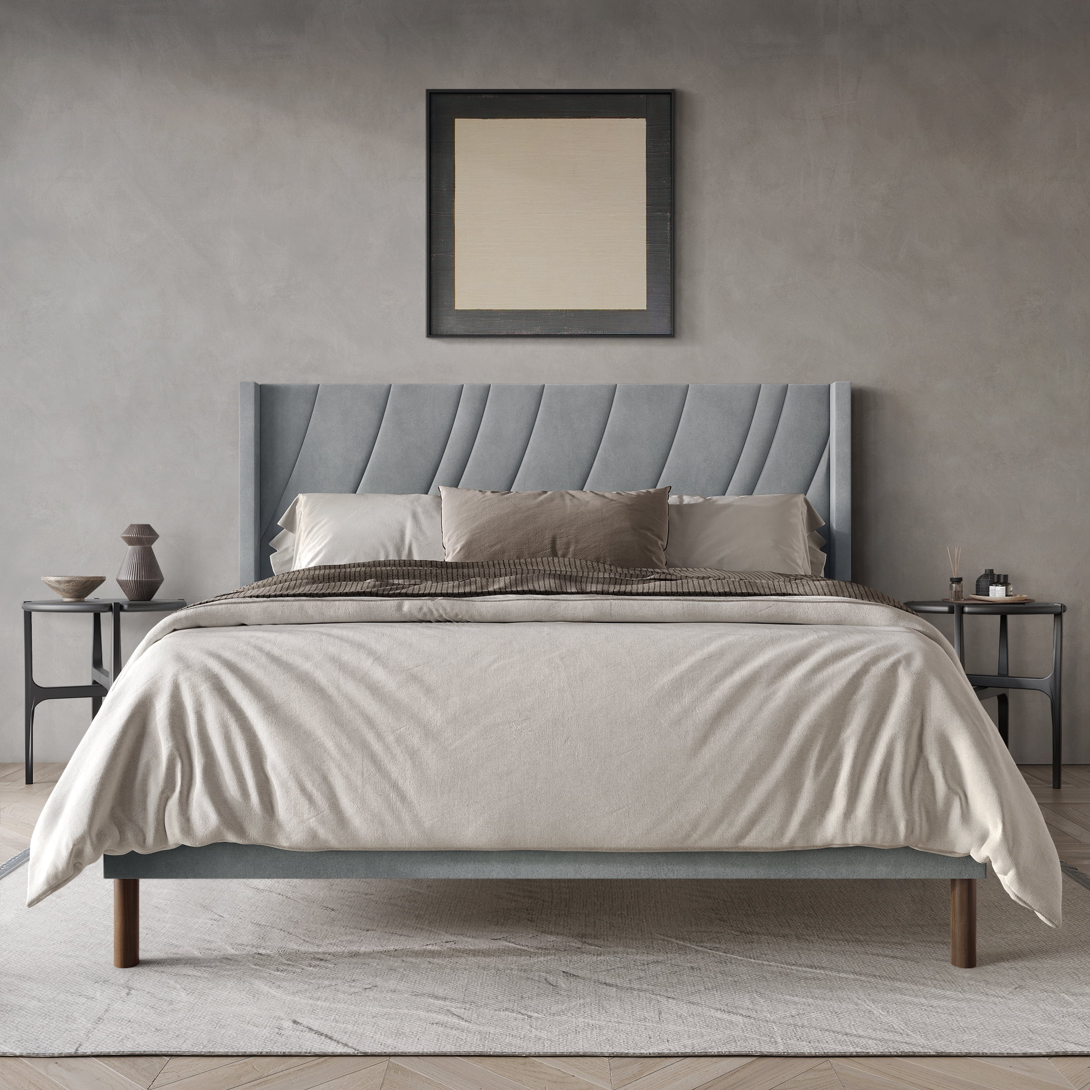 Castle Place Sleek Contemporary Velvet Upholstered King Platform Bed, Light Grey