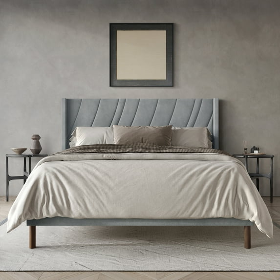 Castle Place Sleek Contemporary Velvet Upholstered Queen Platform Bed, Light Grey