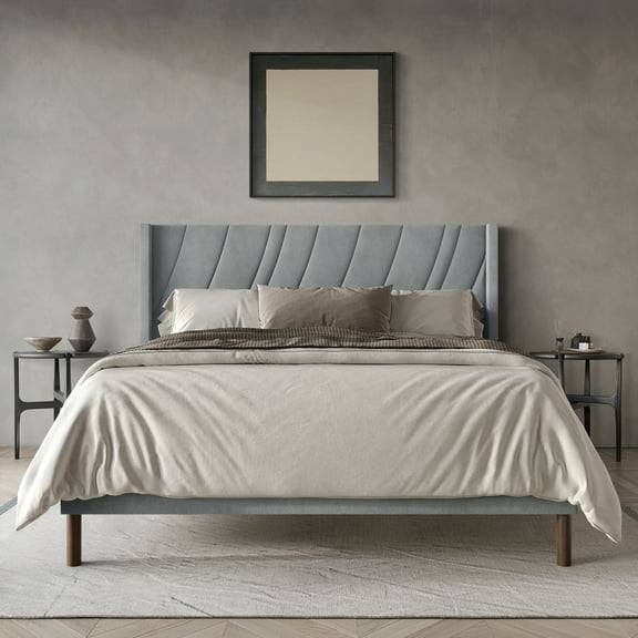 Castle Place Sleek Contemporary Velvet Upholstered Twin Platform Bed, Light Grey
