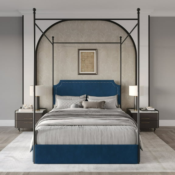 Castle Place Sleek Upholstered Nailhead Trimmed Full Metal Platform Bed with 4 Storage Drawers, Navy Blue
