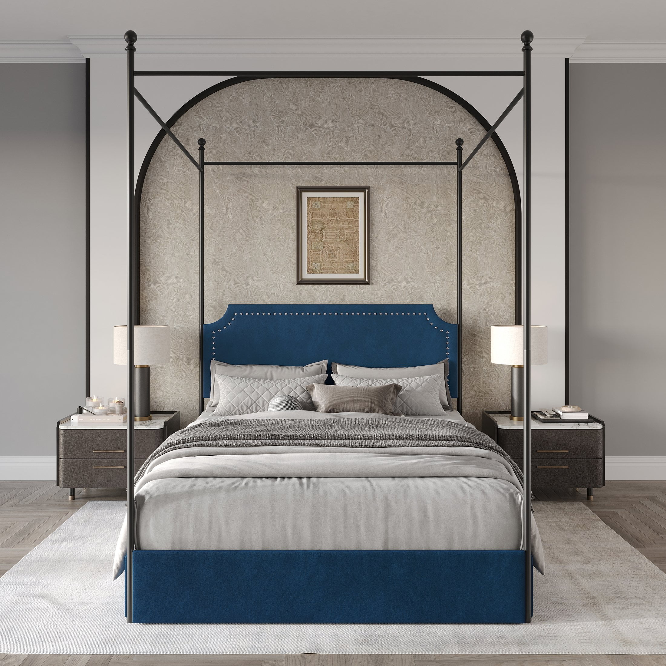 Castle Place Sleek Upholstered Nailhead Trimmed Queen Metal Platform Bed with 4 Storage Drawers, Navy Blue