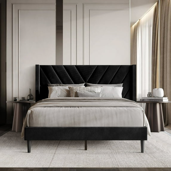 Castle Place Sophisticated Wingback Velvet Upholstered Full Platform Bed, Black