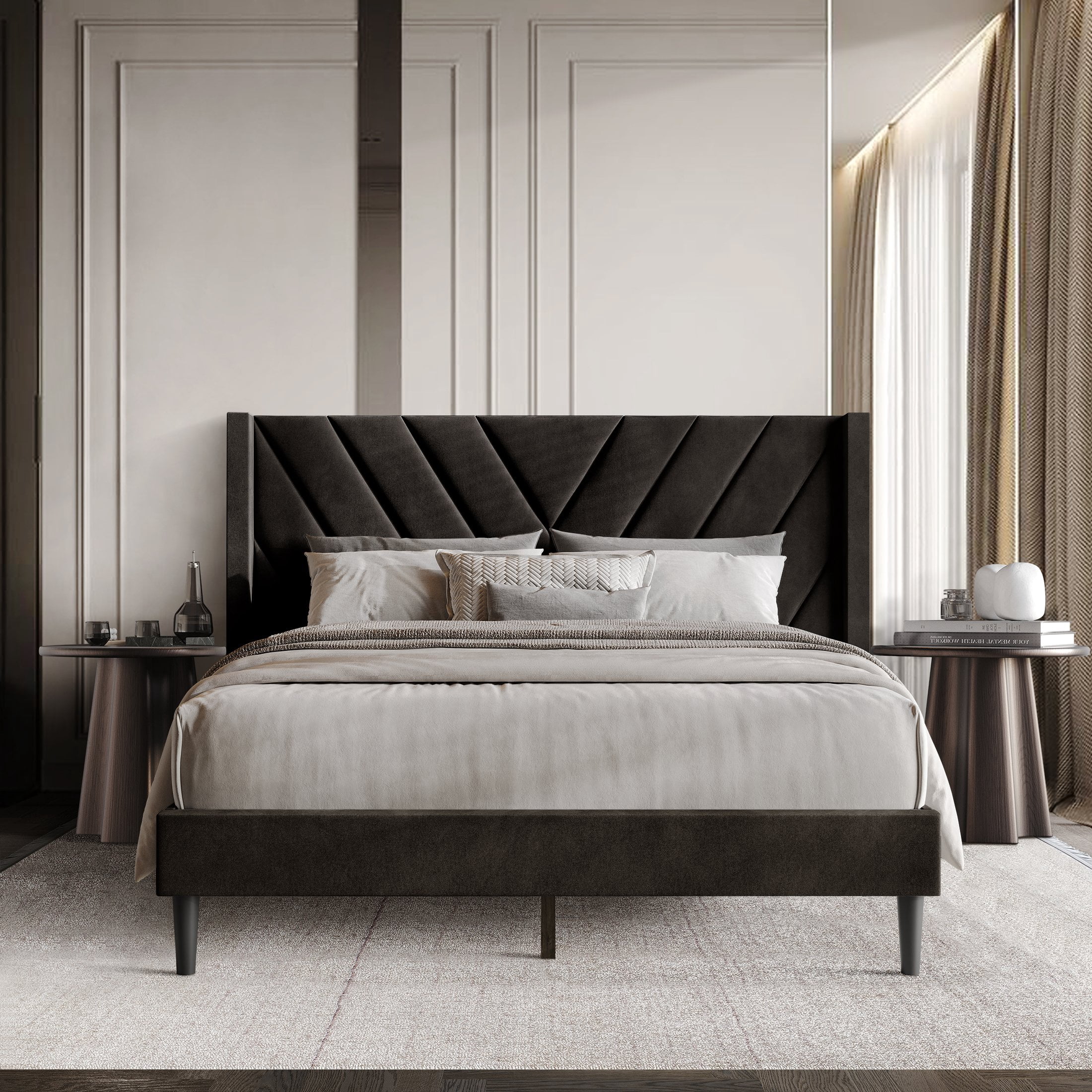 Castle Place Sophisticated Wingback Velvet Upholstered Full Platform Bed, Brown