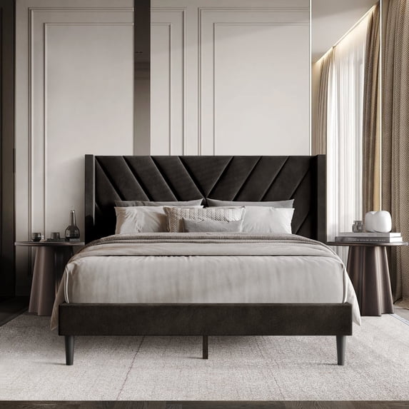 Castle Place Sophisticated Wingback Velvet Upholstered Full Platform Bed, Brown