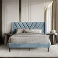 thumbnail image 1 of Castle Place Sophisticated Wingback Velvet Upholstered Full Platform Bed, Light Blue, 1 of 11
