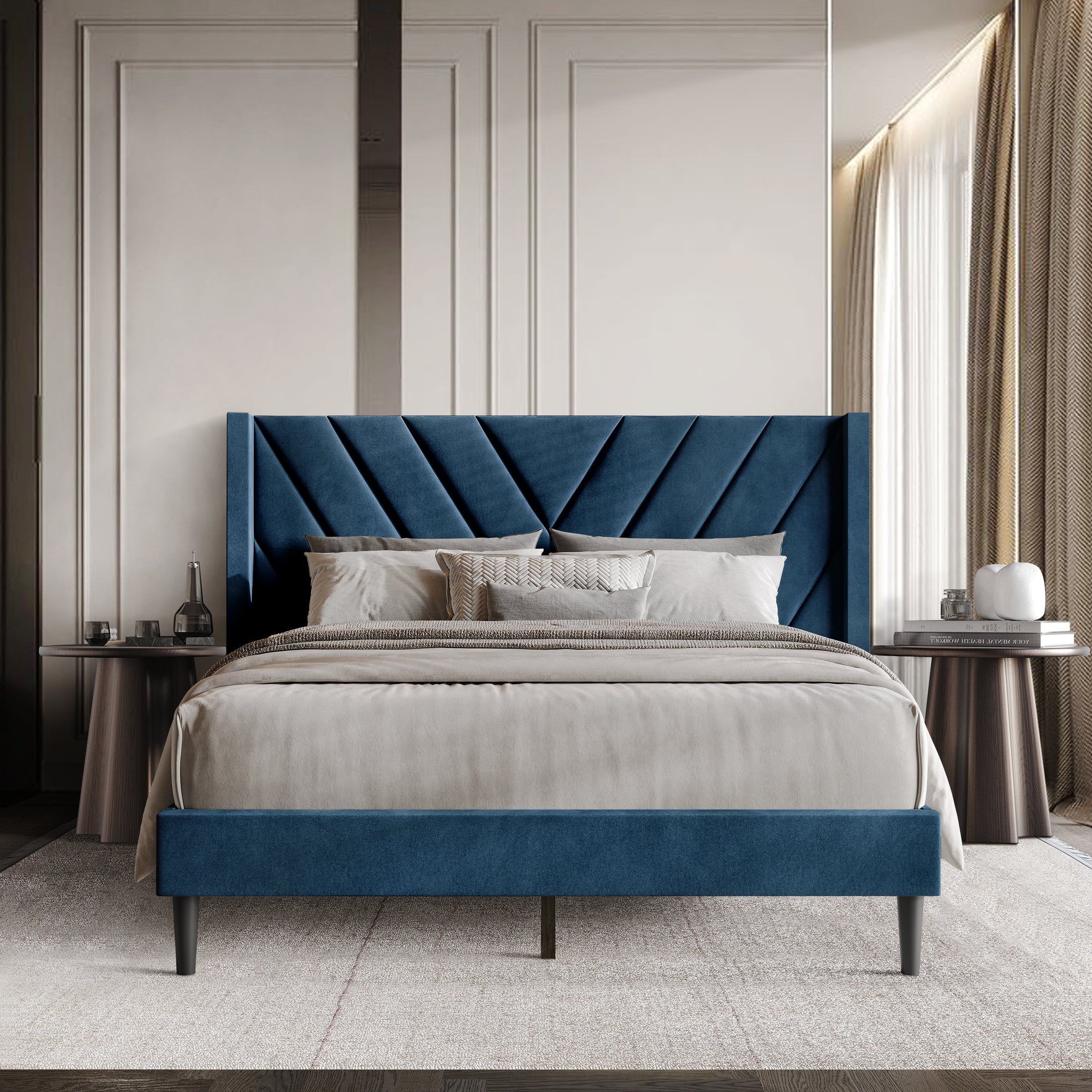 Castle Place Sophisticated Wingback Velvet Upholstered Full Platform Bed, Navy Blue