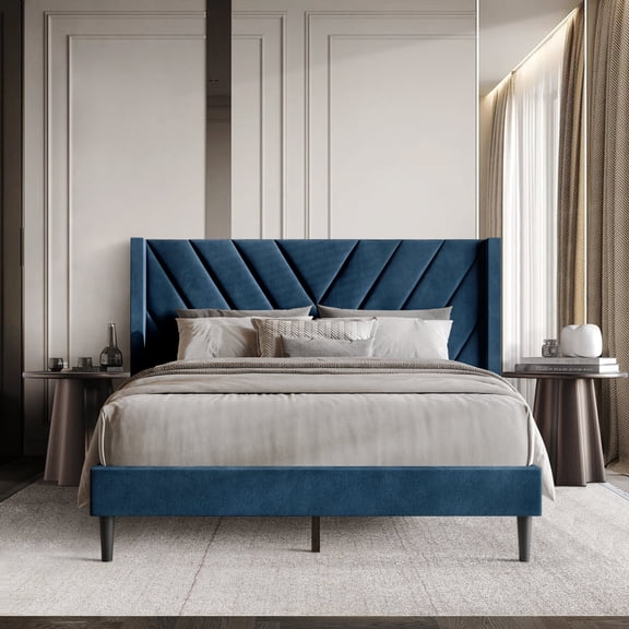 Castle Place Sophisticated Wingback Velvet Upholstered Full Platform Bed, Navy Blue