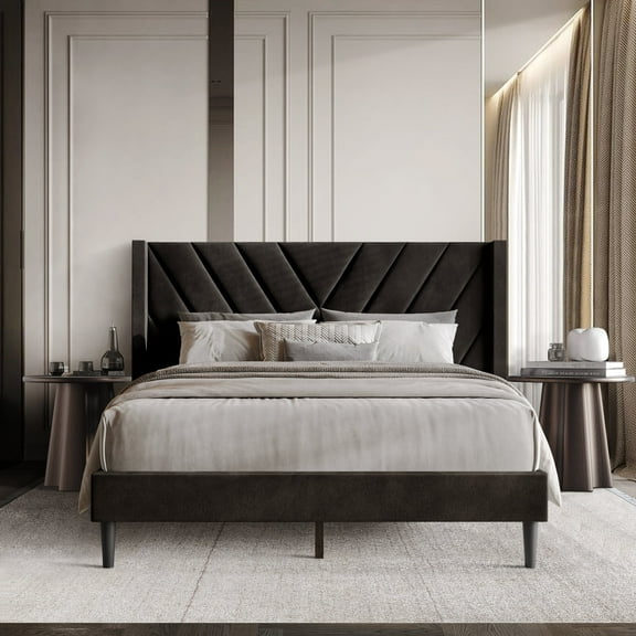 Castle Place Sophisticated Wingback Velvet Upholstered King Platform Bed, Brown