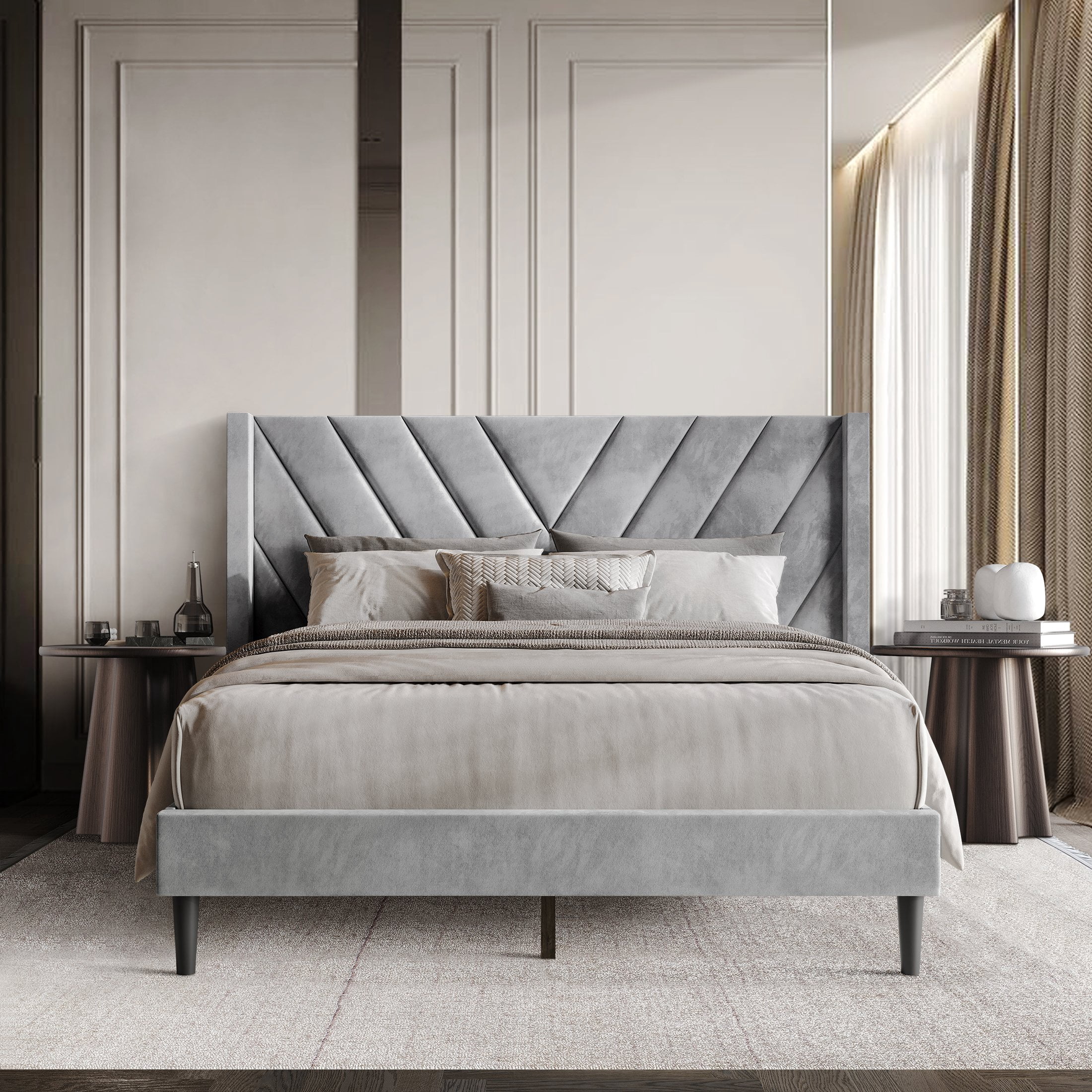 Castle Place Sophisticated Wingback Velvet Upholstered King Platform Bed, Silver Grey
