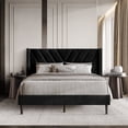 thumbnail image 1 of Castle Place Sophisticated Wingback Velvet Upholstered Queen Platform Bed, Black, 1 of 11