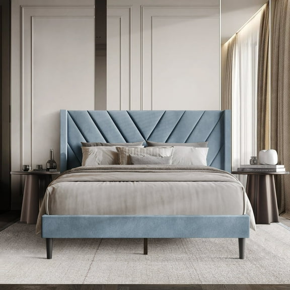 Castle Place Sophisticated Wingback Velvet Upholstered Queen Platform Bed, Light Blue