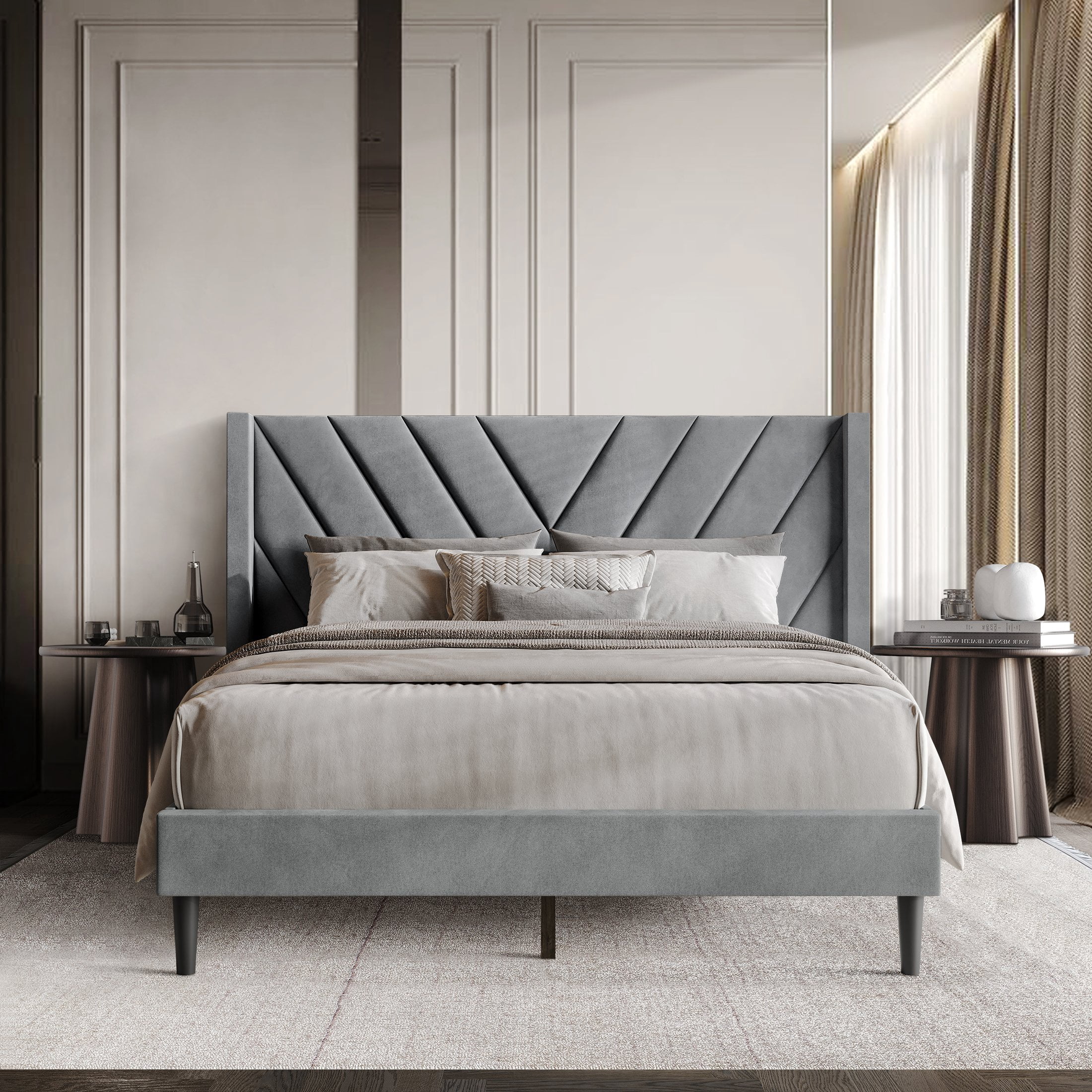 Castle Place Sophisticated Wingback Velvet Upholstered Queen Platform Bed, Light Grey